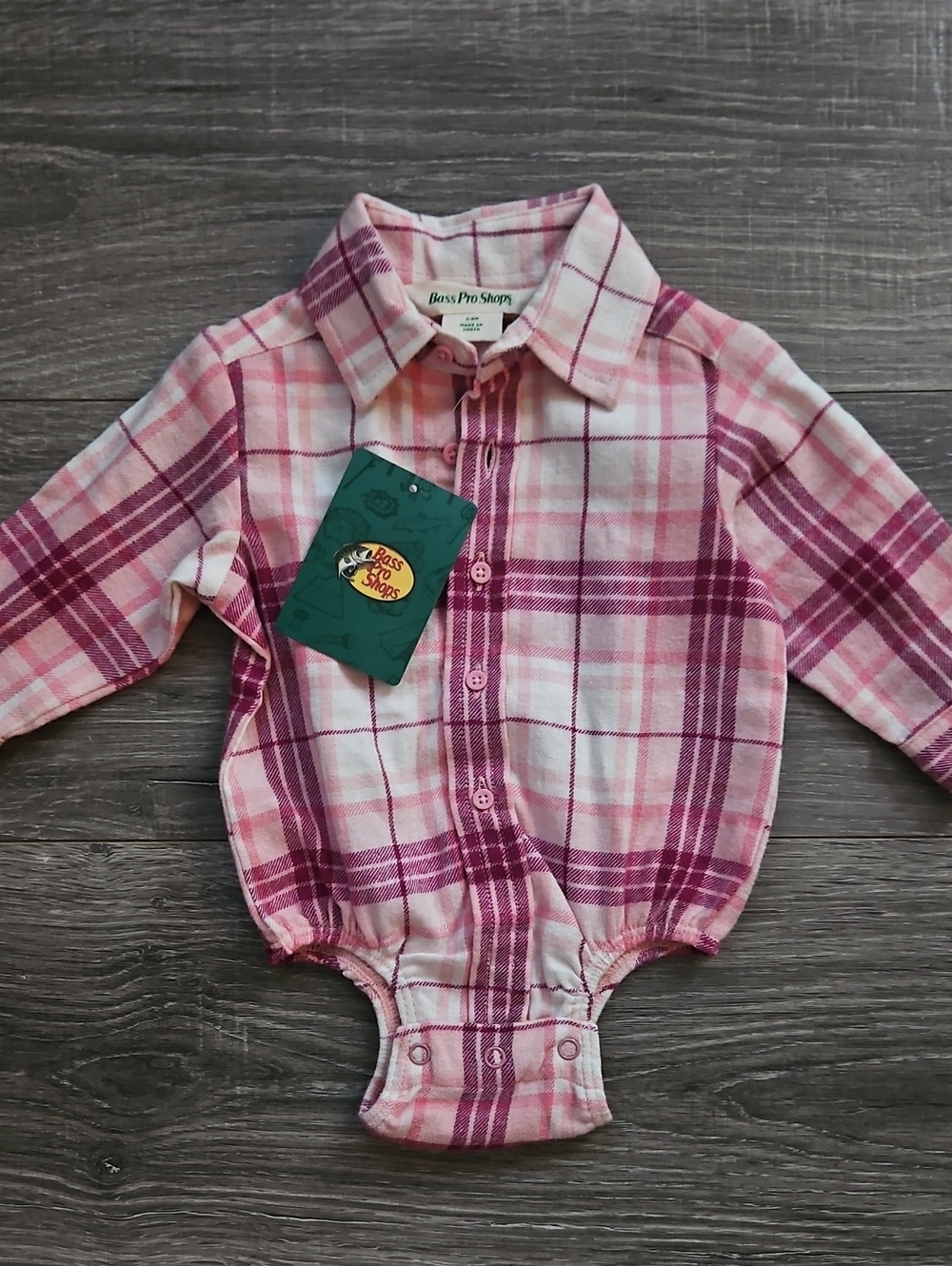 Bass Pro Shops Pink Plaid Flannel Long-Sleeve Button Bodysuit- 6M